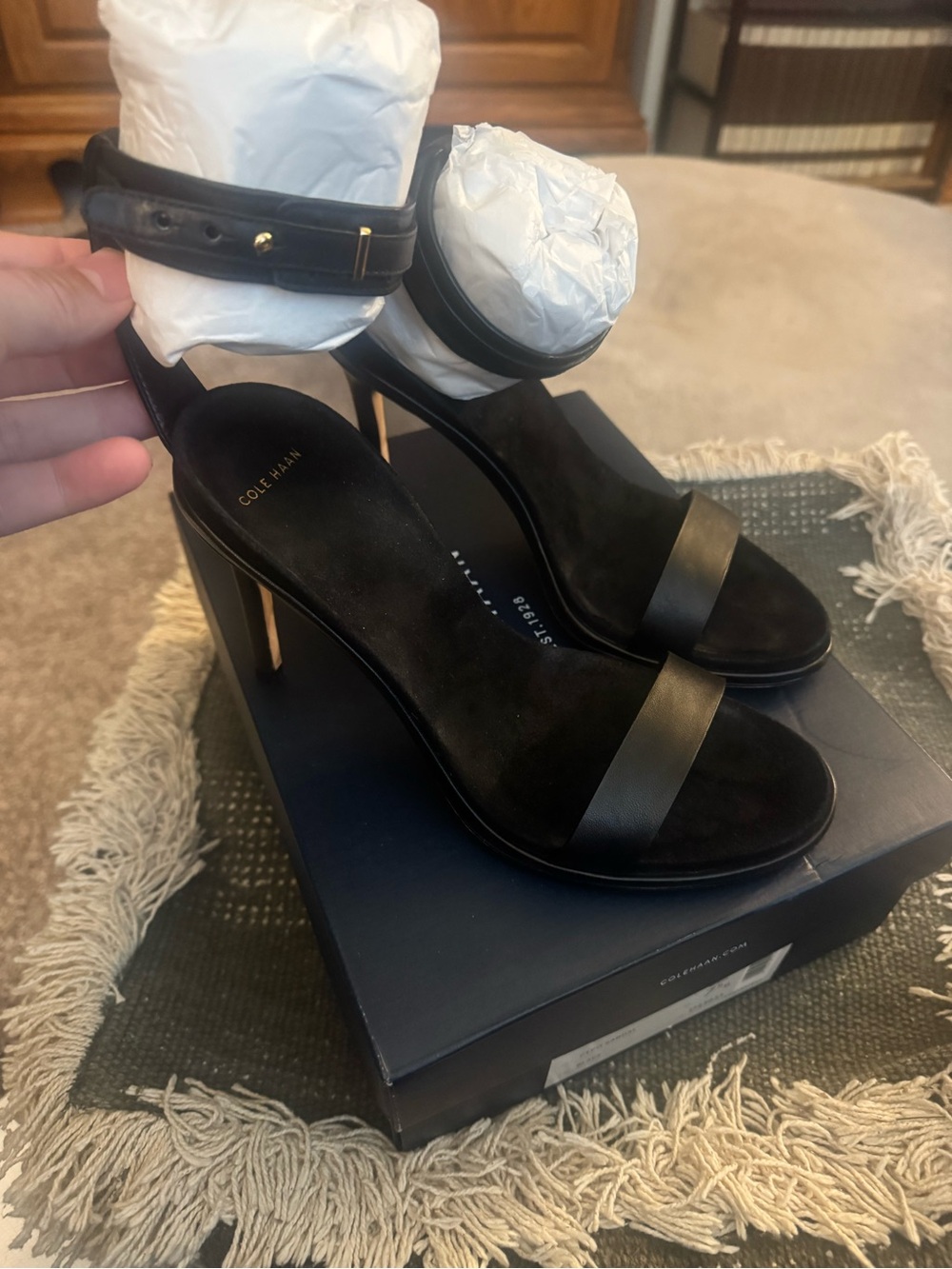 Cole Haan Black Leather Ankle-Strap Stiletto Heels